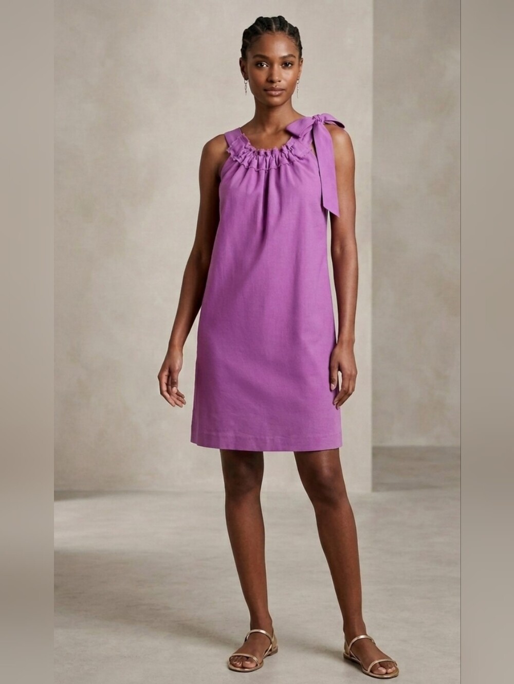 Lilac Orchid Purple 100% Silk Shift Dress Gathered Neckline Coquette Cottagecore